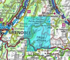 Carte de la région autour de Grenoble, incluant l'Alpe d'Huez et ses routes.