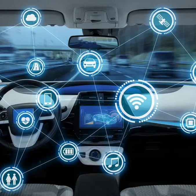 Intérieur d'une voiture connectée avec des icônes de technologie et réseaux intelligents.