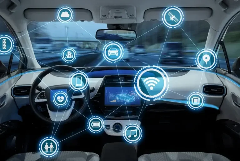 Intérieur d'une voiture moderne avec des icônes de connectivité et de technologie.