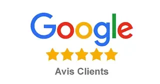 Logo de Google avec cinq étoiles dorées et le texte "Avis Clients".