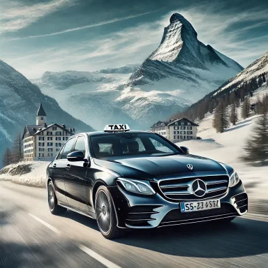 Voiture de taxi noire Mercedes devant un paysage alpin avec une montagne majestueuse.