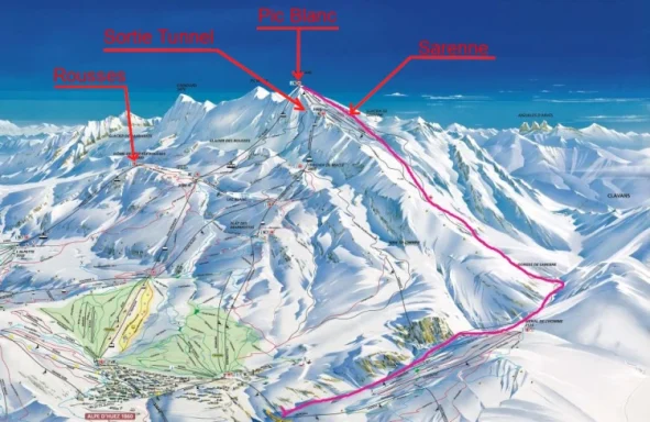 Carte d'itinéraire en montagne avec noms des sommets et pistes tracées en rose.