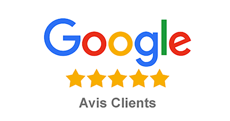 Logo de Google avec cinq étoiles et le texte "Avis Clients".